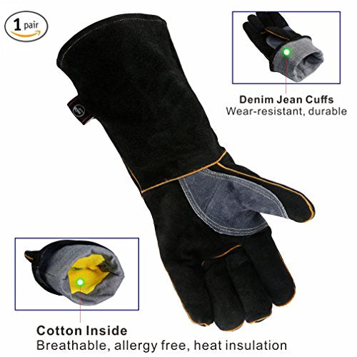 Extreme Heat/Fire Resistant Gloves Leather with Kevlar Stitching, Mitts Perfect for Welding/Oven/Grill/BBQ/Mig/Fireplace/Stove/Pot Holder/Tig Welder/Animal Handling