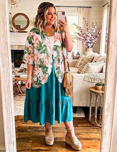 BB&KK Women's Chiffon Kimono Cover Up – Loose Open Front, White/Leaf, Size Large