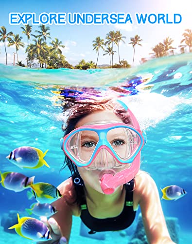 Kids Snorkeling Gear Set - Anti-Fog Mask & Dry Top Snorkel - Pink/Blue X-Small
