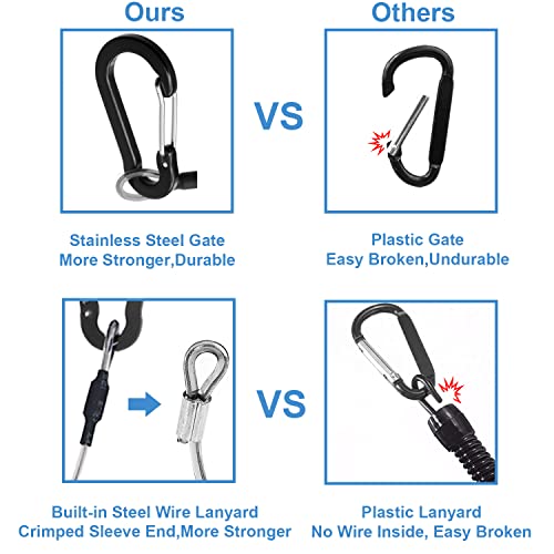 Retractable Coiled Lanyards with Carabiner Clips - Black, 3pcs