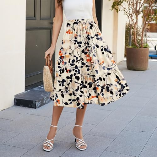 Womens Boho Floral Print Midi Skirt - Pleated A-Line - Beige Small