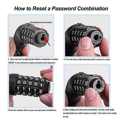 Monotre 3.9ft 5-Digit Resettable Bike Chain Lock - Keyless Anti-Theft for Bicycle, Motorcycle, Scooter (Black)