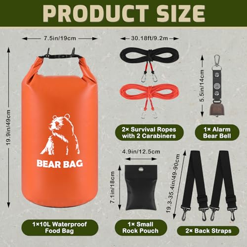 NVAAV Orange 10L Bear Food Bag Hanging Kit – Waterproof 500D PVC, Includes Rope, Carabiners & Bell