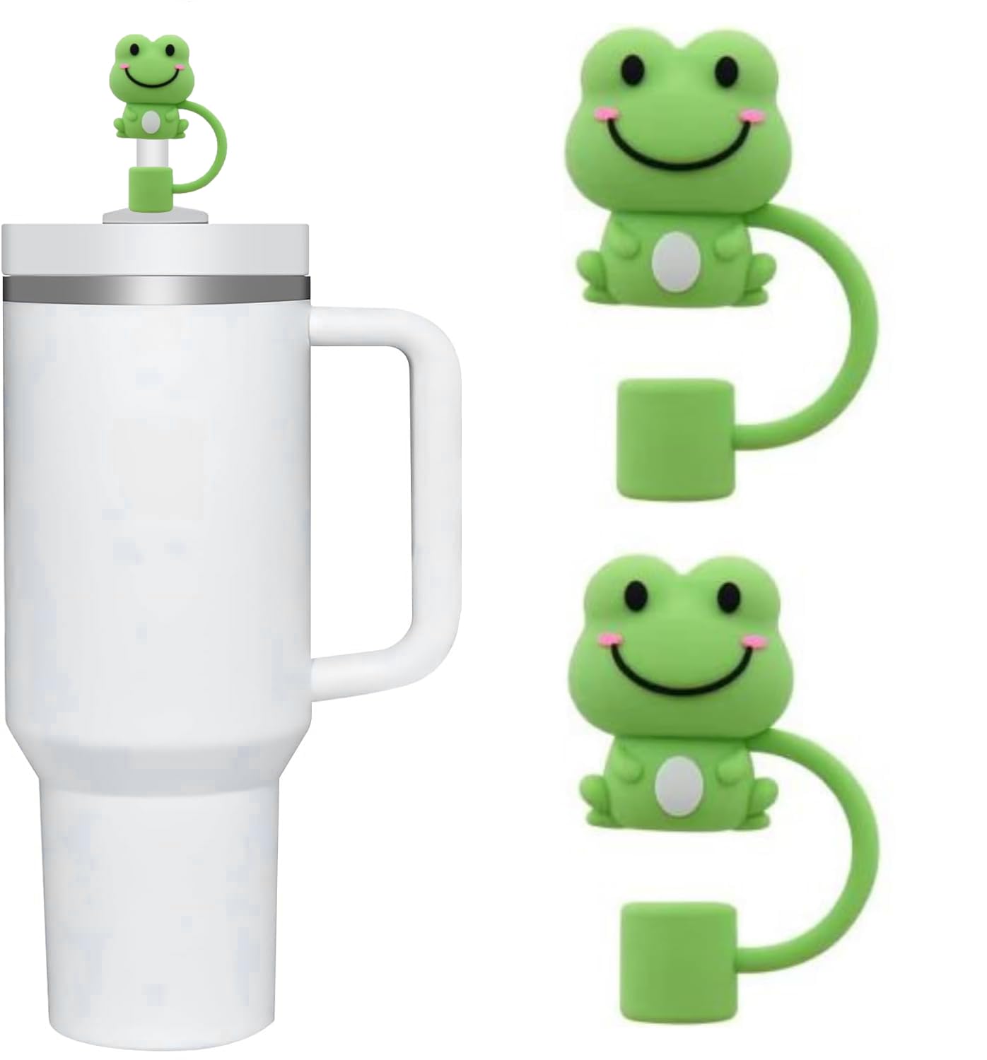 2Pcs Green Frog Straw Cover for Stanley Cup, Silicone Covers Compatible for Stanley Mug, Toppers for Stanley 30oz/40oz Tumblers, Reusable Drinking Straws, 10 mm (JLY066)