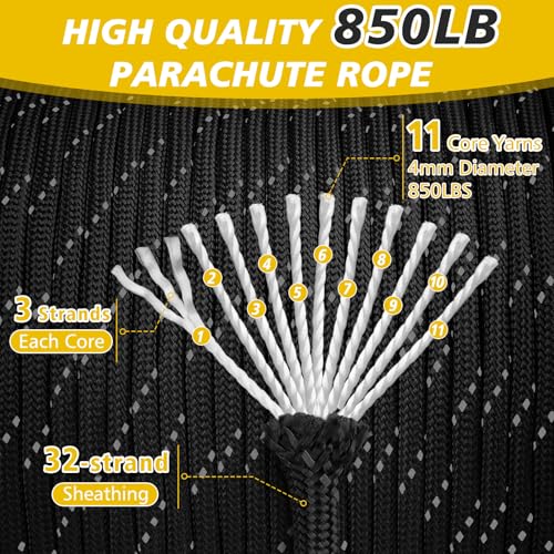 Reflective 850lb Paracord 4mm - 11 Strand Utility Rope - Black, 100FT