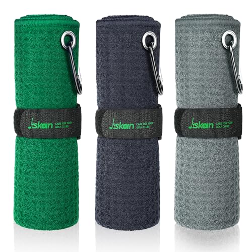 Microfiber Golf Towel Set - 3 Colors with Carabiners, 16" x 16" - Black, Grey, Green