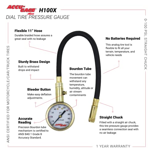 PSI Dial Tire Gauge with Straight Chuck and Flex Hose - Standard Valve