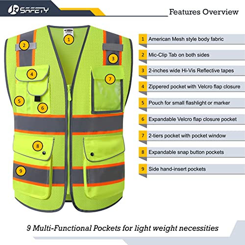 JKSafety 9 Pockets FAA Licenced Drone Pilot Hi-Vis Retro-Reflective Safety Vest | HQ Mesh Lite Neon Yellow Body Color Orange Trimming | ANSI/ISEA Compliance (JK100-FAA-Yellow-L)
