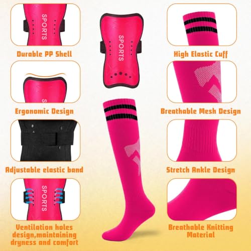 Kids Soccer Shin Guards Set with Socks - Rose Red, Ages 5-10