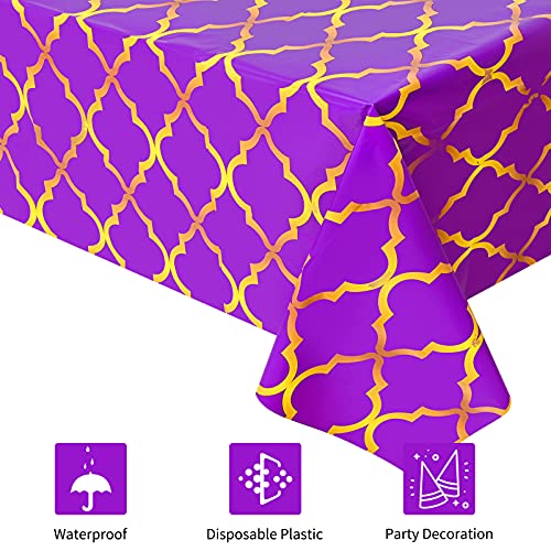 2 Pack Purple Gold Lattice Arabian Tablecloths - 87x51 Inches