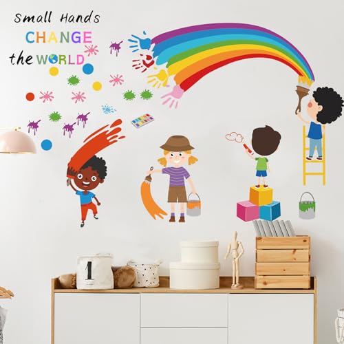 Small Hands Change The World Wall Stickers Inspirational Quote Rainbow Wall Decals for Kids Room Playroom Classroom School Library Wall Decor