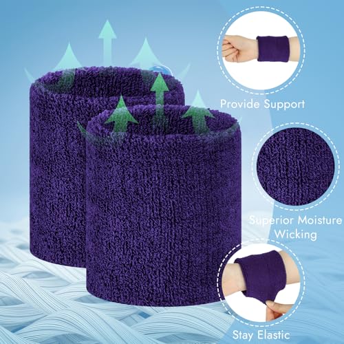 Absorbent Wrist Sweat Bands - 8 Pack for Men & Women - Purple