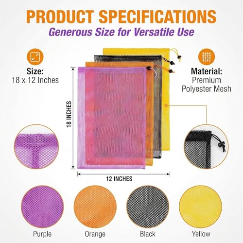 7PCS Mesh Drawstring Bags - Colorful Nylon Storage Bags, 18x12"