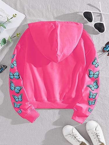 Butterfly Print Long Sleeve Hoodie Crop Top - Hot Pink, 12 Years