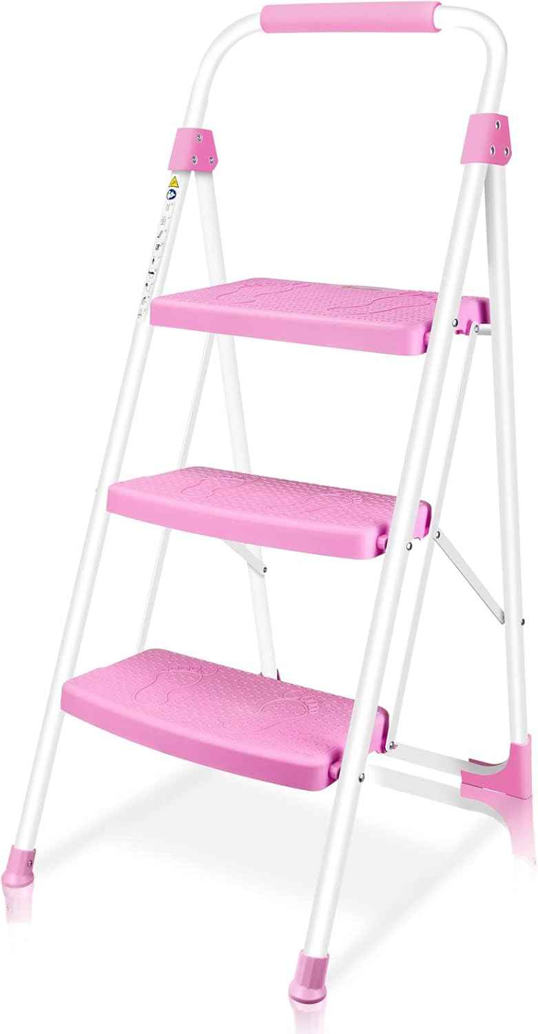 Portable 3-Step Folding Ladder - Sturdy Steel Step Stool with Anti-Slip Pedal & Handgrip, 500lbs Capacity for Home & Office
