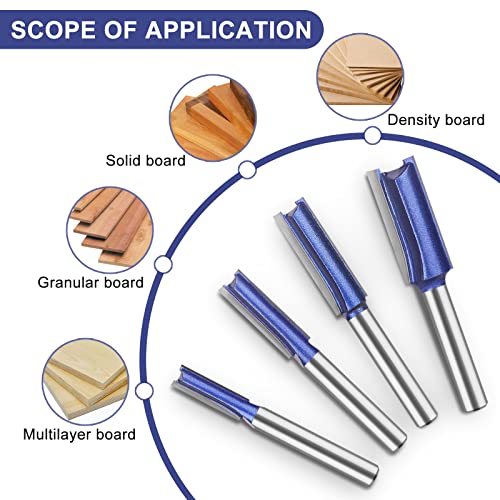 Professional Double Flute Straight Router Bits 1/4 Inch Shank, Flush Trim Router Bit Set, Cutting Diameter Respectively 1/4", 5/16", 3/8", 1/2".