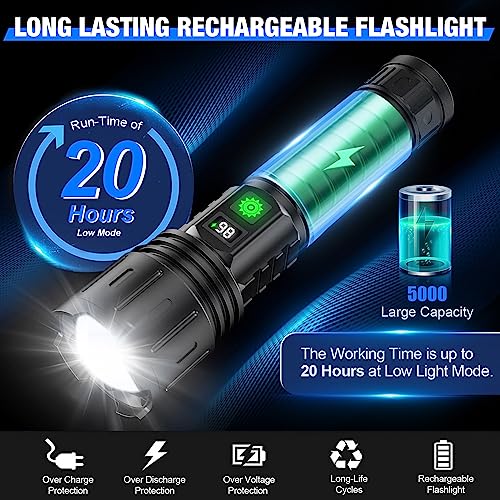 Banral LED Flashlights High Lumens Rechargeable, 5000mAh Super Bright Powerful Flashlight, Type-C, 5 Modes, Zoomable, IPX5 Waterproof High Powered Tactical Flash Light for Emergency Camping Hiking