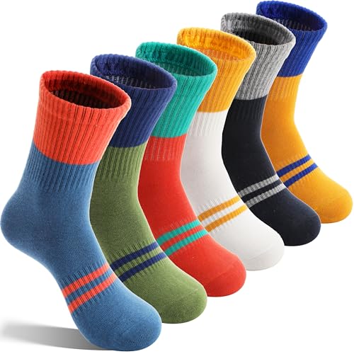 Kids Athletic Cotton Crew Socks for Girls & Boys, Age 9-15, Colorful Striped