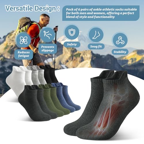 Ankle Athletic Socks 6-Pack - Moisture Wicking, Multi-Color