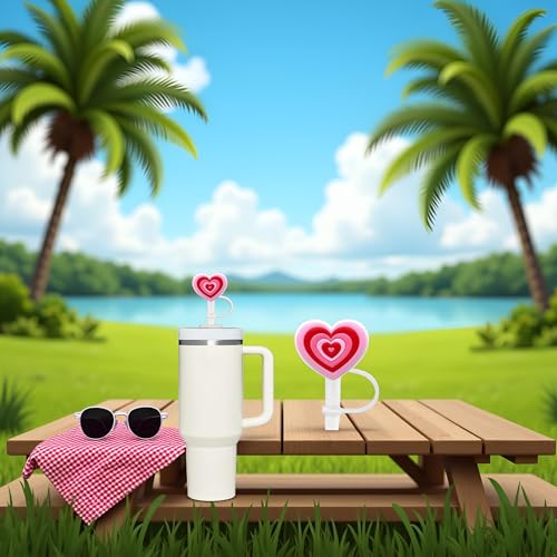 Heart Straw Cover for 10mm Tumbler Straws - Pink Silicone Dust-Proof Topper