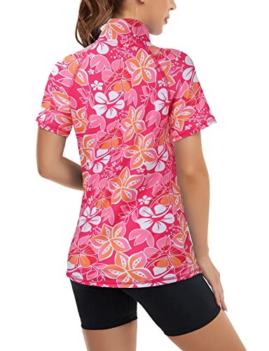 Womens Quarter Zip Polo Shirt - Short Sleeve Quick Dry Athletic Top - Small Pink Floral