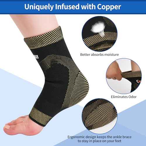 NeoAlly Copper Ankle Support Brace Compression Sleeve with Silicone Gel Reduce Foot Swelling Pain Relief from Plantar Fasciitis and Achilles Tendon (Medium - 1 Pair)