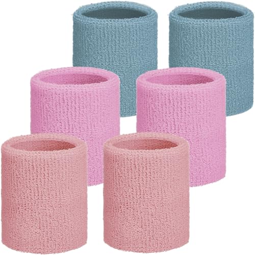 Wrist Sweatbands for Sports - Absorbent Cotton, Pack of 6 - Flesh Pink, Pink, Dark Blue