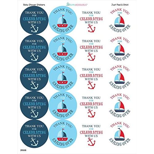 1.9 Inch Thank You Stickers Baby Shower Favor Nautical Boy 60 Labels Navy Blue Red