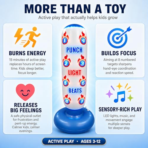 Kids Punch Light Beats Boxing Set with LED Lights Gloves & Pump – Inflatable Freestanding Bag, Birthday Gift for Boys & Girls 3-12