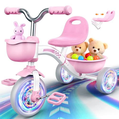 Pink Toddler Tricycle with Adjustable Seat & Light-Up Wheels