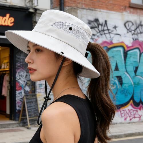 Ponytail Sun Hat for Women - Wide Brim UV Protection - One Size / Ivory