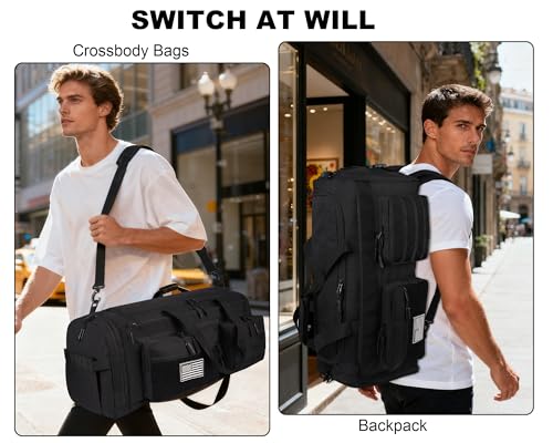 LHI 50L Tactical Duffle Bag for Men - Black, 3-in-1 Gym, Travel & Backpack