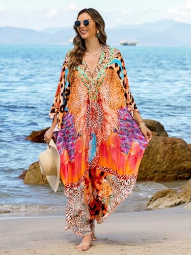 IMAGEKOPE Women's Plus Size Animal Print V-Neck Batwing Kaftan Beach Dress - One Size / 927-29 Color