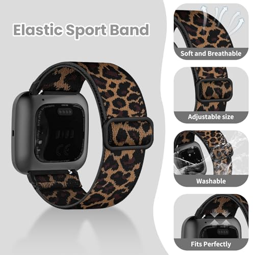 8 Pack Adjustable Elastic Nylon Sport Watch Bands for Fitbit Versa - Leopard, Arrowhead, Purple, Twill Light Pi Variants