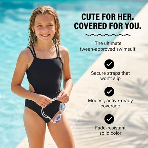 Girls' Sport Cut-Out One Piece Swimsuit - Solid Black
