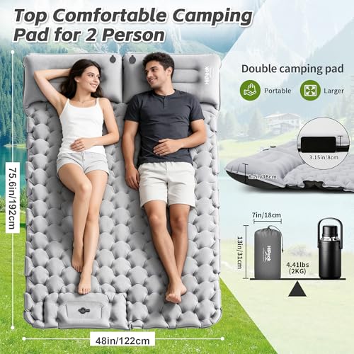 HiiPeak Double Sleeping Pad for Camping with Gray Suede Top, Built-in Foot Pump, 76x48x3in Portable 2-Person