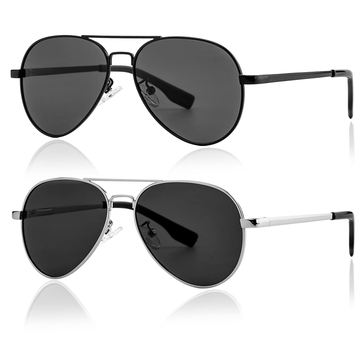 Kids Small Polarized Aviator Sunglasses for Girls and Boys Age 4-16 (Black/Grey + Silver/Grey)