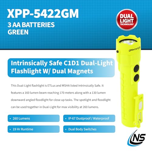 Nightstick XPP-5422GM Intrinsically Safe Dual-Light Flashlight w/Magnets-3 AA (not Included) -Green-UL913, Multicolor