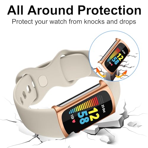Kimiyaki 6 Pack Flexible TPU Screen Protector & Case Set for Fitbit Charge 6/5 with Colors - Clear, Rose Gold, Pink, Silver