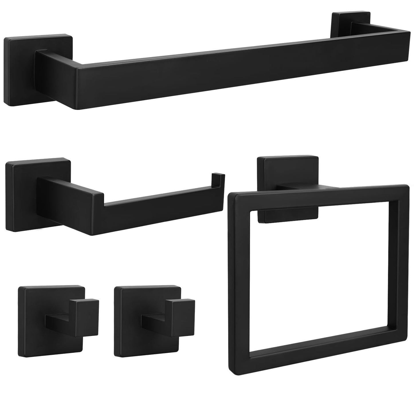 5pcs Bathroom Hardware Set, 16in Towel Bar Set, Including Square Towel Bar Square Towel Ring Toilet Paper Holder Towel Hooks, Set SUS304 Stainless Steel, Wall Mounted