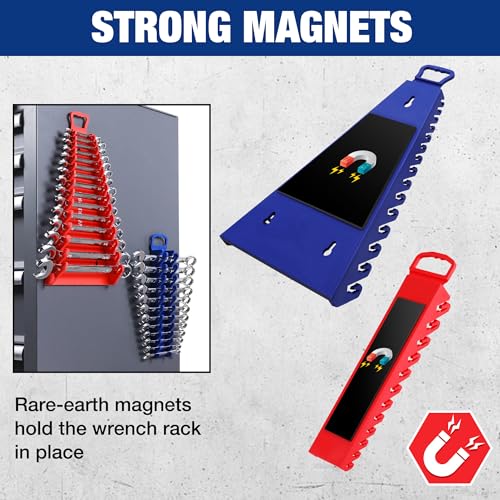 WORKPRO 4-PACK Magnetic Wrench Organizer, 2PC 15-Slot and 2PC 12-Slot Gripper Wrench Holder for Tool Boxes, Flexible Gripping Teeth and Carrying Handle, Fit for SAE and Metric, Blue, Red