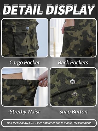 ELLEVEN Women's Camo Bermuda Cargo Shorts High Waist Elastic Hiking | Medium