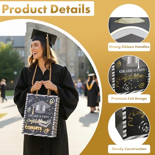 Large Graduation Gift Bags with Handles - 3-Pack Foil Embellished