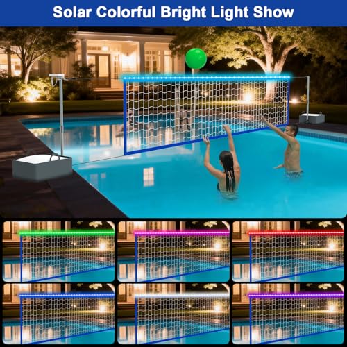 Solar-Powered Pool Volleyball Net Set with LED Lights - Adjustable 15-32FT