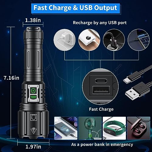 Super Bright Rechargeable Flashlight 4200.000 High Lumens,Led Powerful Flashlights with 6 Modes,High Powered Flashlight with IP67 Waterproof,Tactical Emergency Flashlight (18.5, Watt Hours)