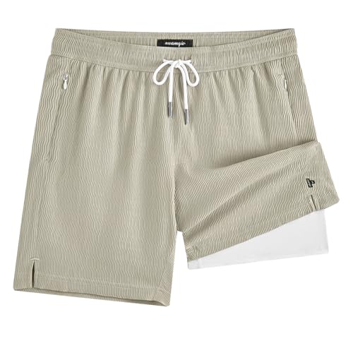 Maamgic Wavy Texture Men's Swim Trunks 7" Quick Dry Compression Liner Large-Light Khaki-White