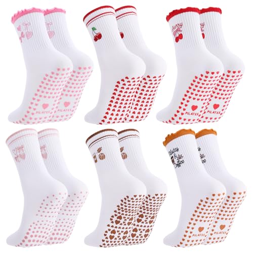 Women’s Cute Pilates Socks with Grips - Berry Mocha Cherry Cafe Mix