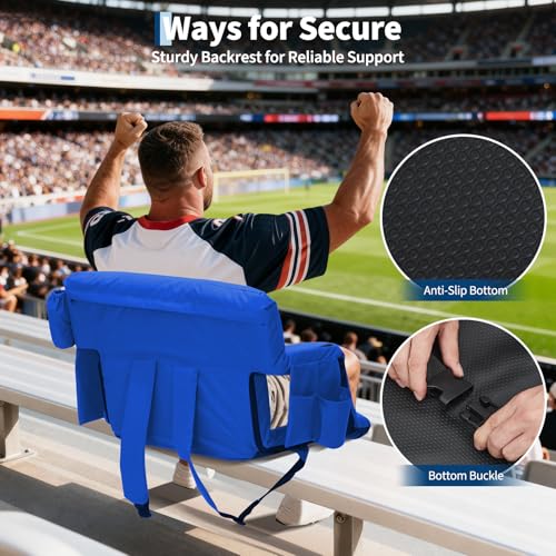 20 Inch Stadium Seats - 2 Pack Bleacher Chairs with Back Support, Armrests & Storage - Blue