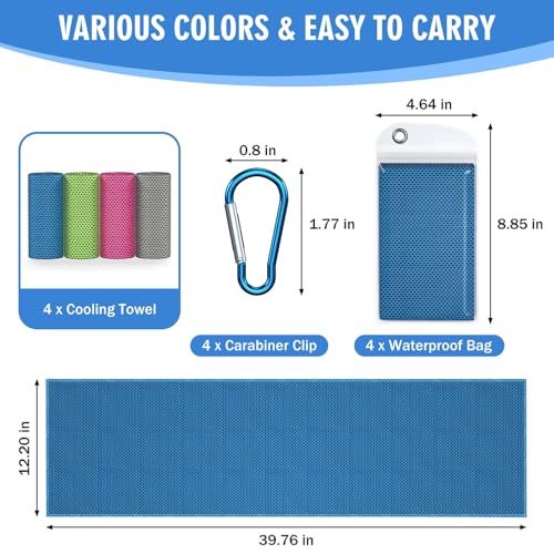 Cooling Towels for Neck and Face - 4 Pack Microfiber Set - Blue/Green/Pink/Gray