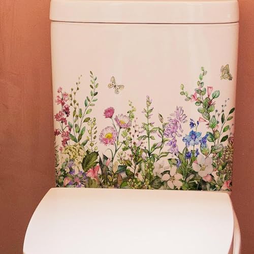 Green Plant Leaves Flowers Toilet Stickers -DIY Removable Waterproof Sticker -Green Leaf Floral Toilet Lid Decals Bathroom Cistern Decor -Sticker for Cistern Decor
